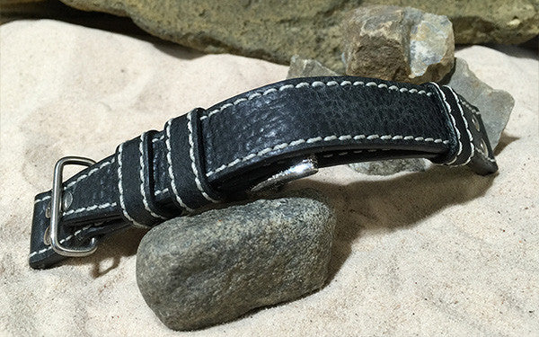 The Aviator I - Black-Grey Leather Watch Strap w/ Polished Hardware + Rivets - 22mm