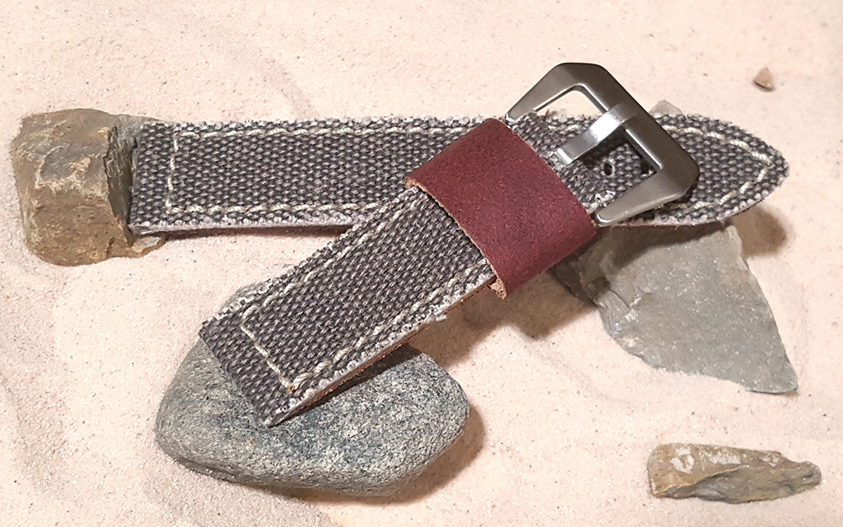 Brown XL Military Style Canvas Watch Strap with Brushed Pre-V Buckle Hardware