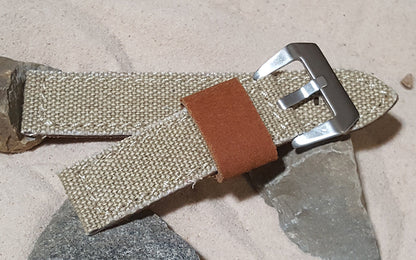 Khaki Military Style Canvas Watch Strap with Brushed Pre-V Buckle Hardware