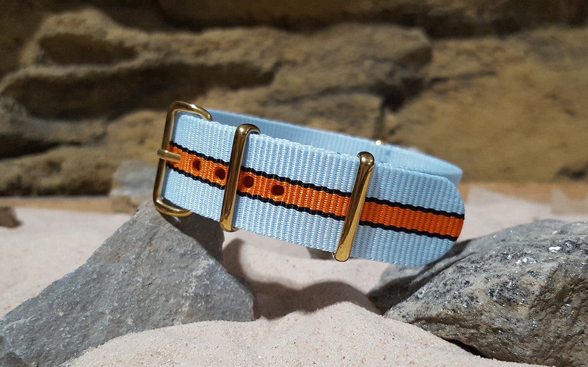 Le Mans II Blue Black Orange Nylon Gold Nato Strap