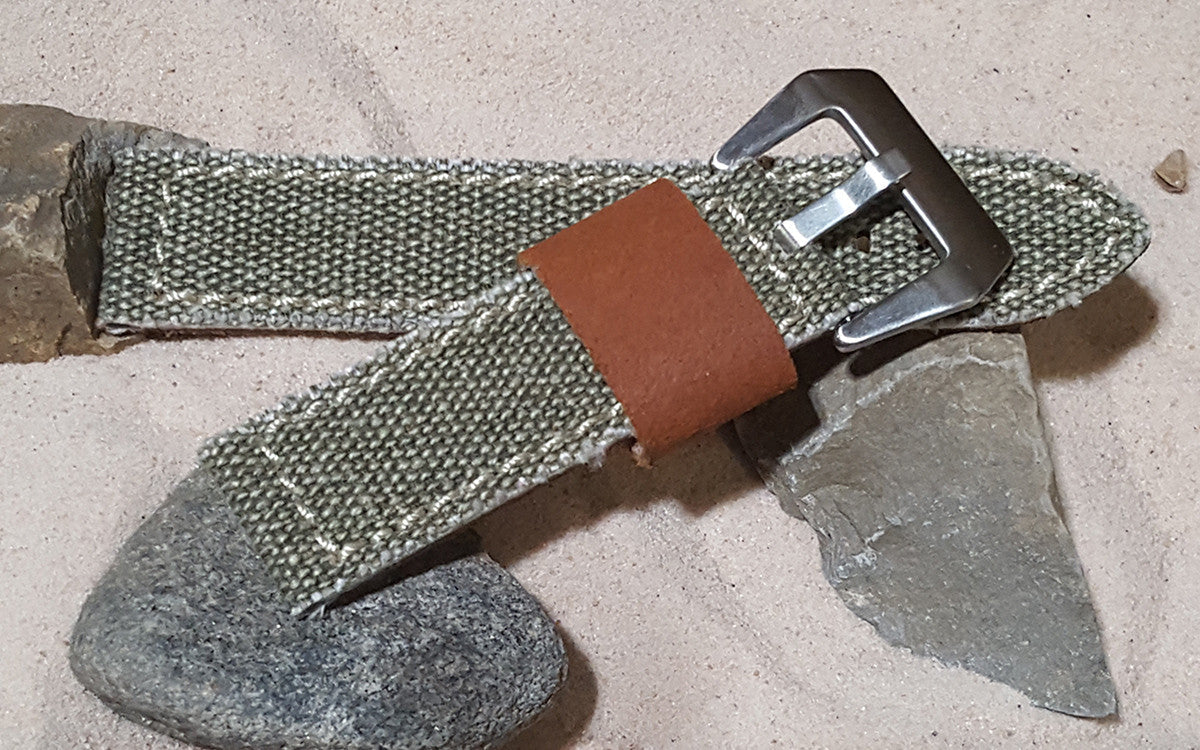 Olive XL Military Style Canvas Watch Strap with Brushed Pre-V Buckle Hardware